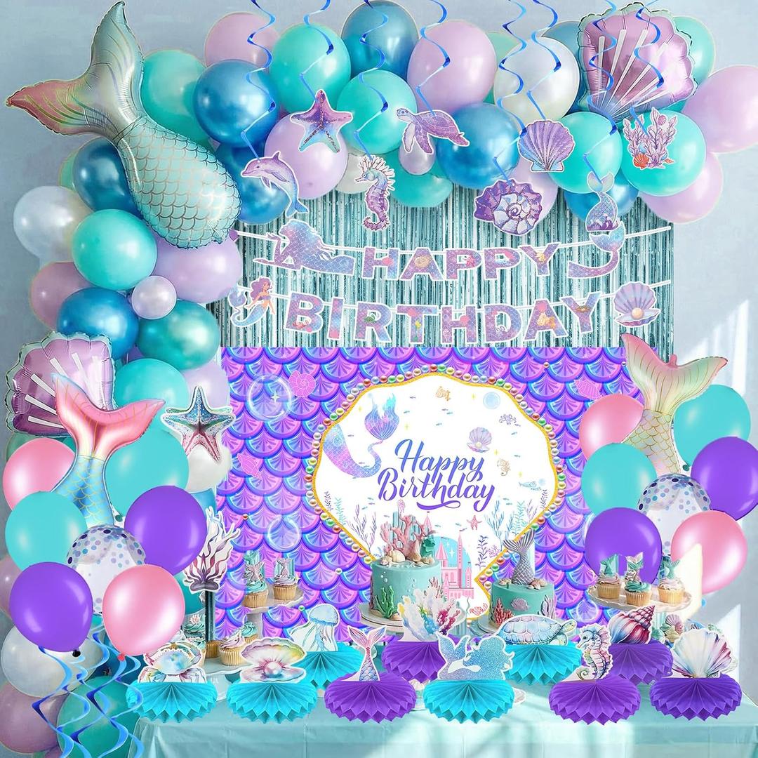 Frienda Mermaid Birthday Decorations Includes Banner, Backdrop, Foil & Latex Balloons, Hanging Swirls, Foil Curtain, Honeycomb Centerpieces for Sea Baby Shower Women Mermaid Party Decoration