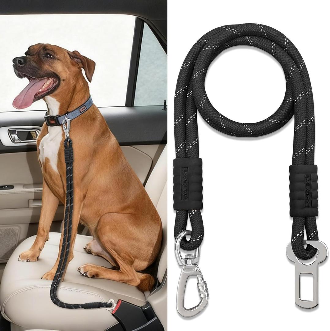 Pawaboo Dog Seatbelt for Car, Reflective Rope Dog Dog Car Seat Belt Bungee, Pet Tether Safety Restraint with Heavy Duty Buckle, Dogs Cars Harness Leash with 360 Lockable Buckle, Black