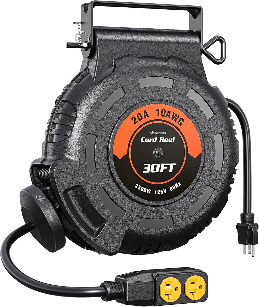 DEWENWILS 20Amp Retractable Extension Cord Reel, 30FT 2500W Heavy Duty Power Cord Reel, 10AWG/3C SJTW Industrial Cable, 4 Grounded Outlets, 180 Swivel Bracket for Garage Workshop Construction Site