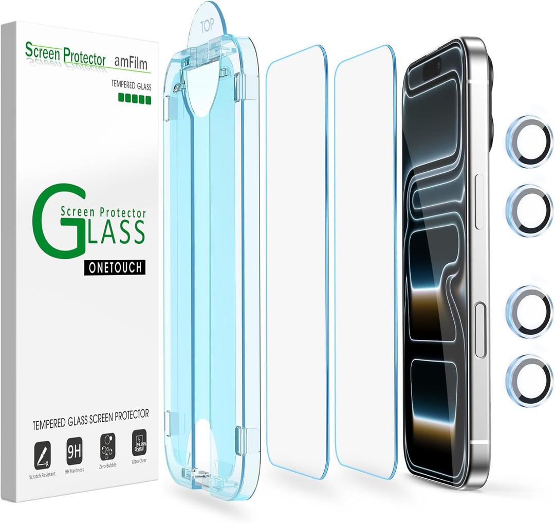AmFilm OneTouch for iPhone 17 Pro Screen Protector 6.3'' Tempered Glass | Auto-Alignment, 30s Install, Bubble Free, Scratch & Drop Protection, HD Clear, Camera Lens Protector[2+2 Pack] (17P-6.3'')