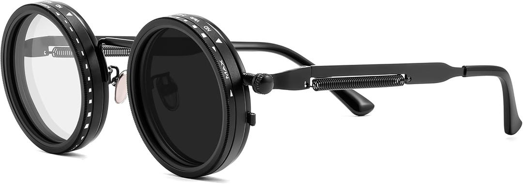 FEISEDY Adjustable Tint Sunglasses Polarized Men, 1-9 Gear Manual Dimming, Steampunk Round Metal Frame UV400 ND Filter B1400 (Black)