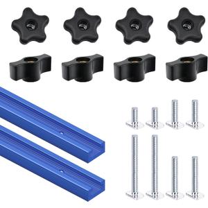2 pack 48" T-Track with 16pcs T-Track Knob Kit for Woodworking with Screws, Aluminum Alloy Woodworking Tools Double Cut Profile Universal T-Tracks with Predrilled Mounting Holes anodized blue