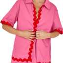WOWULOVELY Women's 2024 Summer 2 Piece Vacation Outfits Casual Short Sleeve Shirt High Waist Shorts Set Tracksuit (Large, Hot Pink)