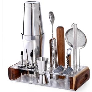 Mixology Bartender Kit with Stand - 15 Piece Bar Tool Set, Silver Bar Set Cocktail Shaker Set for Drink Mixing - Includes Martini Shaker, Jigger, Strainer, Bar Mixer Spoon, Tongs, Opener | Gift Idea