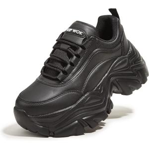 K KIP WOK Chunky Sneakers for Women Fashion Platform White Leather Casual Dad Shoes Comfortable Wedge Walking Sport Sneakers (7, Black)