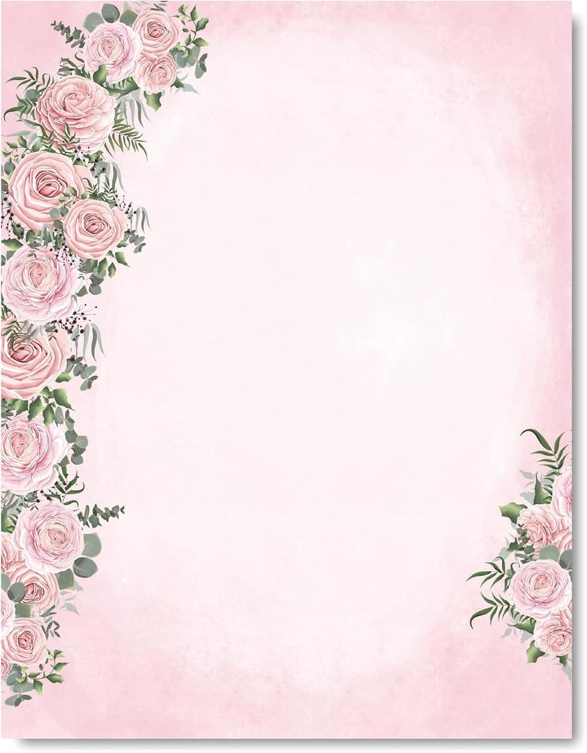 80 Pack Spring Stationery Letterhead Paper Pink Rose Watercolor Floral Letter Paper Flower Printed Writing Paper Notes for Wedding Invitation Office Printing Supplies, 8.5 x 11 Inch