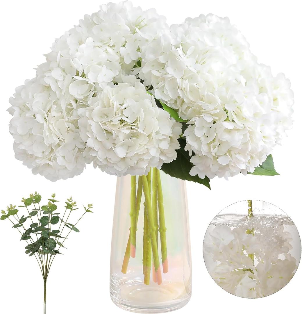 Tifuly 4pcs Fake Hydrangea with Vase -3D Real Touch Faux Hydrangea Flowers and 3pcs Eucalyptus Stems for Wedding Centerpiece Home Party Table DecorationWhite