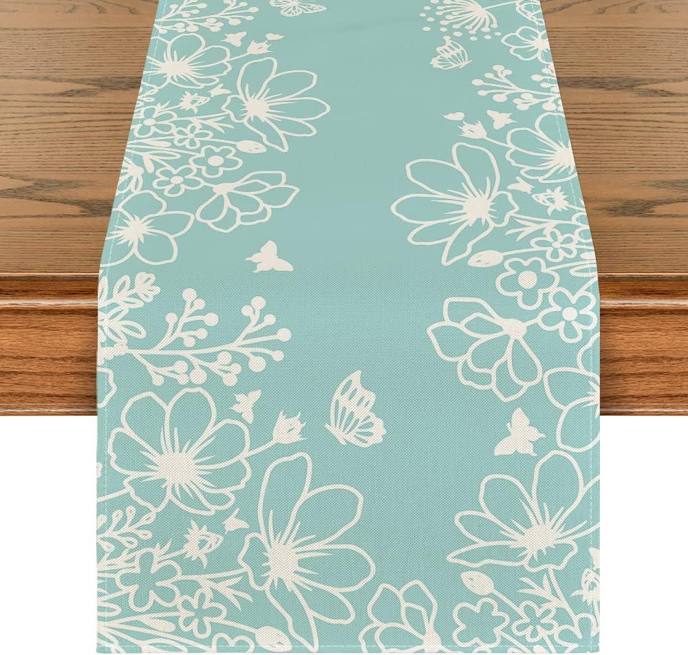 Artoid Mode Blue Bloom Flowers Butterfly Spring Table Runner, Seasonal Holiday Kitchen Dining Table Decoration for Home Party Indoor 13x108 Inch