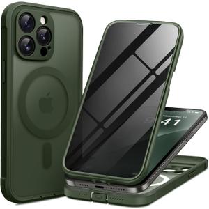 BERFY for iPhone 12 Pro Max Case, Compatible with MagSafe, Built-in Privacy Screen Protector and Camera Protection, Anti-Spy Full Body Shockproof Phone Case for 12 Pro Max 6.7", Matte Green