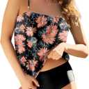 Two Piece Bandeau Tankini Swimsuits for Women Loose Blouson Swim Top with Bikini Bottom Tummy Control Bathing Suits (Small, Black Orange Flower)