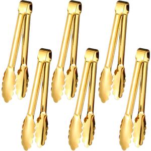 6pcs Stainless Steel Serving Tongs Gold or Silver Plated 9inch Heavy Duty Durable BBQ Clamps Design for Weddings Parties Banquets Buffets Family Gatherings Kitchen Cooking Serving Clip