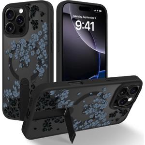 OOK Case Fit for iPhone 16 Pro 6.3 Inch (Compatible with MagSafe) Gray Floral Flowers Soft TPU and Hard PC Phone Cover with Kickstand Anti-Scratch Shockproof Protection Magnetic Case for Women