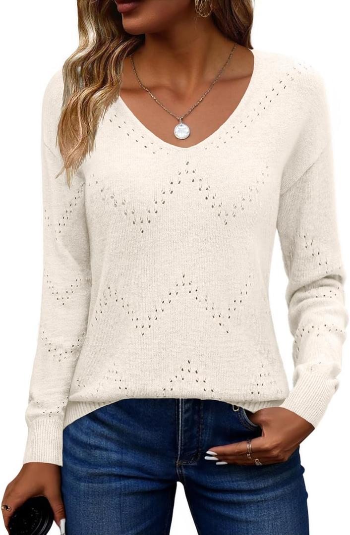 Zeagoo Womens Sweaters Fall Trendy Casual Long Sleeve Shirt Lightweight V Neck Off Shoulder Crochet Pullover Top Outfit (Large, B-beige)