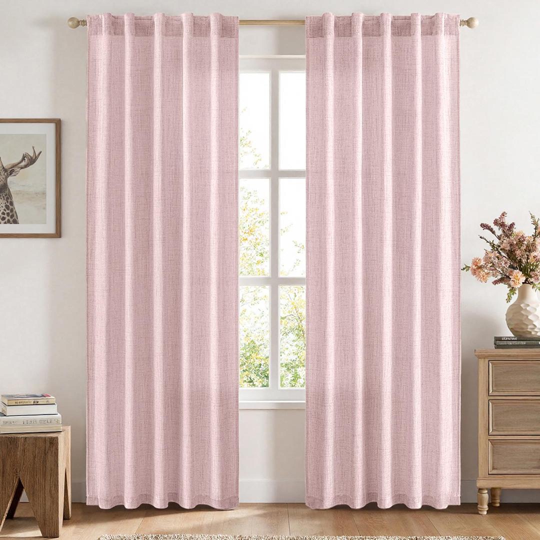 MIULEE Faux Linen Curtains 84 Inch Length 2 Panels Natural Light Pink Semi Sheer Curtain with Back Tab Rod Pocket, Light Filtering Window Privacy Burlap Drapes for Living Room Bedroom 42W x 84L