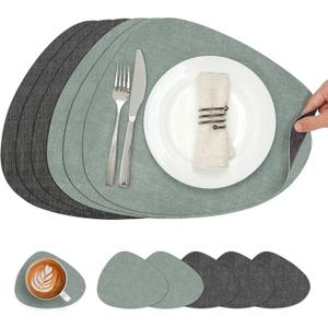Placemats and Coasters, Washable Reversible Placemats Round Faux Leather Wipeable Place Mats Non Slip Heat Resistant Indoor Outdoor Table Mats (Set of 6, Gray Sage Green)