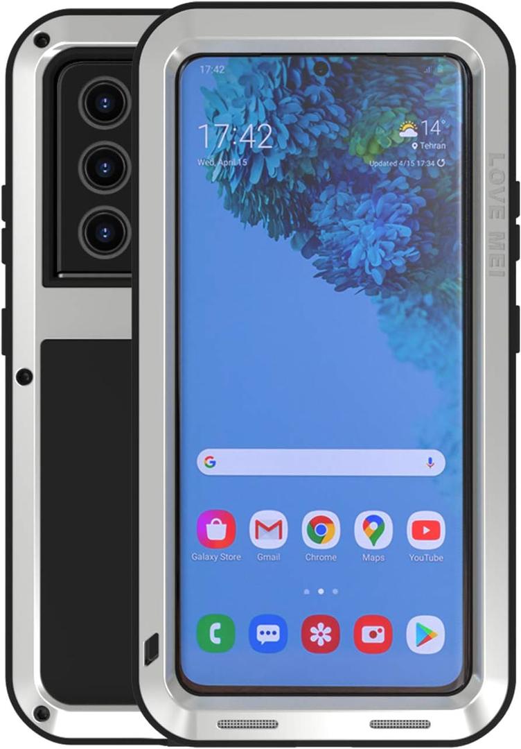 LOVE MEI Military Rugged Case for Samsung Galaxy S21 Ultra, Without Tempered Glass Screen Protector, Shockproof Dustproof Scratch Proof Hybrid Metal and Silicone Gel Heavy Duty Full Body Cover Silver