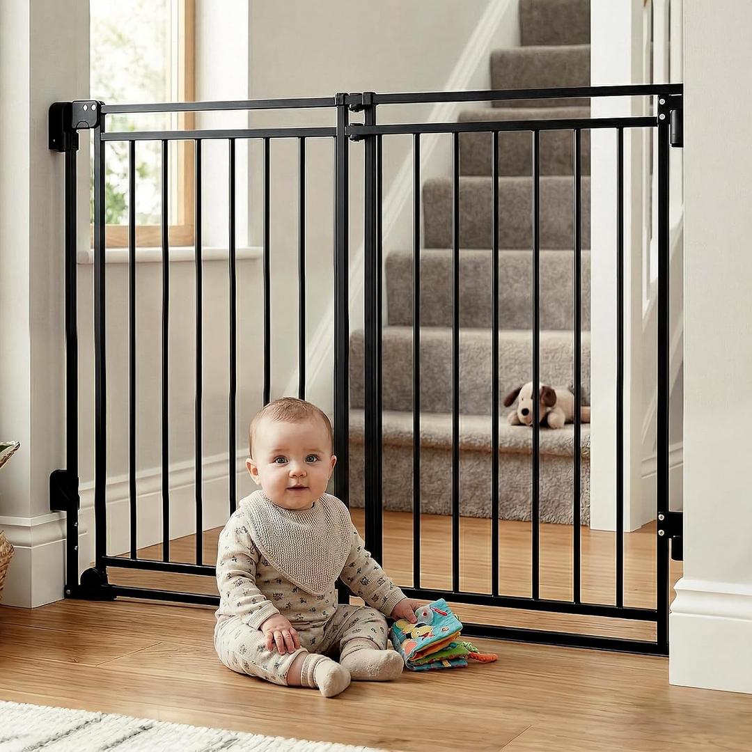 39" Extra Tall Baby Gate for Stairs and Doorways, 26-43" Wide Hardware Mounted Dog Gate, Must Drill to Install, No Bottom Bar Auto-Close Walk Thru Gate for Babies and Pets, Black