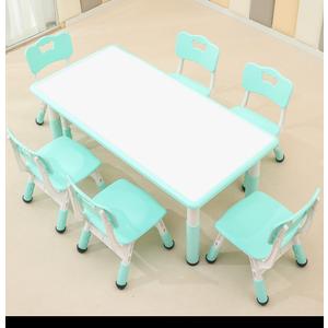 Children's Table and Chair Set Suitable for Boys and Girls Age 2-12 Height Adjustable Table top Can be Painted with 6 Seats Suitable for Family Learning Daily use (Mint Green)