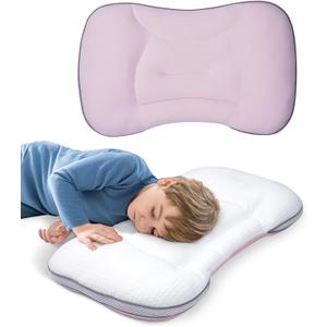 1Pc Toddler Pillow with Reversible Fabrics, Kids Pillow for Sleeping, Breathable and Cooling, Toddler Neck Pillow for Back & Side & Stomach Sleeping, Machine Washable 12x20 in (Pink)