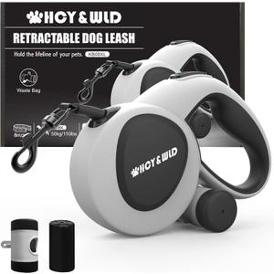 HCY&WLD Upgrade 3-in-1 Retractable Dog Leash with Integrated Dispenser & Poop Bags, 26 ft Heavy Duty Dog Leash with Anti-Slip Handle for Dogs up to 110 lbs, 360 Tangle-Free, One Button Brake & Lock