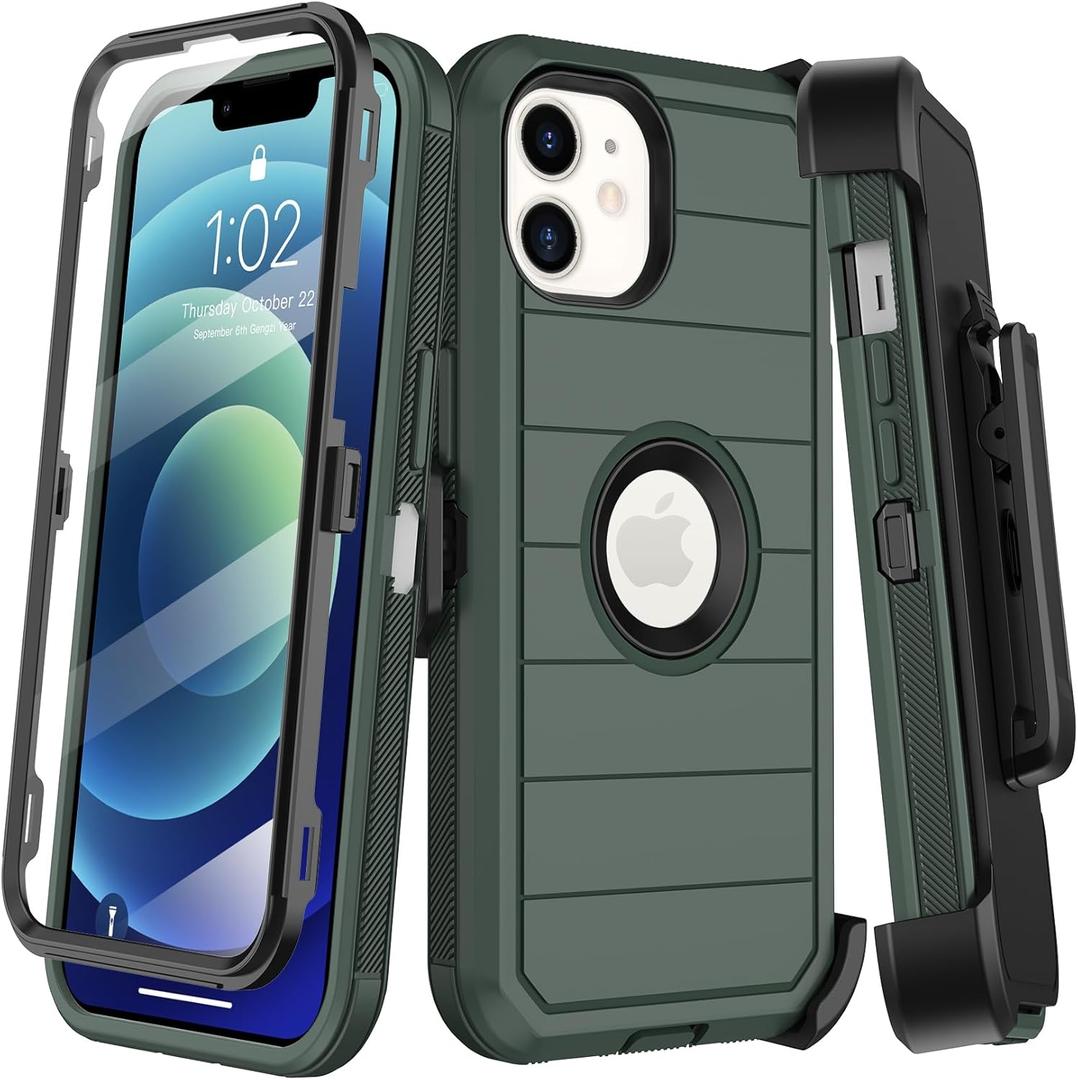 KECAI for iPhone 12 Case,iPhone 12 Pro Case with Belt Clip Holster,Built-in Screen Protector,Heavy Duty Shockproof Drop Protection Military Grade Rugged Phone Cover with Kickstand (Dark Green)