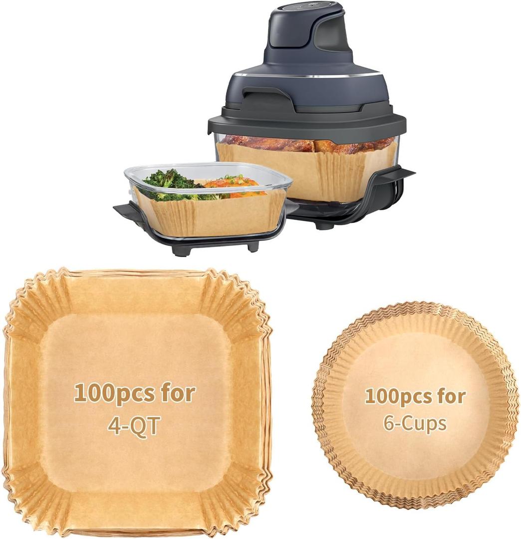 200PCs Air Fryer Paper Liners for Ninja Crispi, Non-Stick and Disposable, Fits Ninja Crispi FN101GY, 100 Large for 4-Qt & 100 Small for 6-Cup Container, Bleach-Free Square/rounded Paper Accessories.