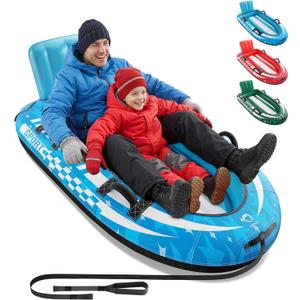 QPAU 2-Person Inflatable Snow Sled with Premium Canvas Cover, Heavy Duty Sled with Backrest & Reinforced Handles, Snow Tubes for Kids & Adults, Winter Inflatable Toys