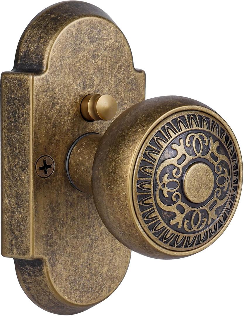 Antique Brass Door Knobs Privacy Door Knobs Interior with Push-Button, Vintage Door Knob with Lock for Bedroom and Bathroom, Zinc Alloy, 1 Pack