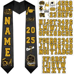 Glenmal 11 Sheets 2026 Graduation Iron on Stickers with a to Z Letter 0 to 9 Number Pattern Transfer Letters Patches Iron on Decals for Graduation Stole Cap Cloth T Shirt Pillow(Black Gold)