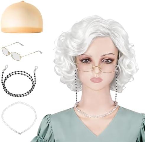 AQOYNQ Old Lady Wig for Women,5Pcs Gray Wigs for Women Grandma Wig Costume Breathable and Comfortable with Glasses, Pearl Necklace & Accessories