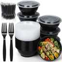 Nitial 50 Pack 36 oz Round Meal Prep Containers with Lids and Extra Long Forks, Disposable Plastic Bowls with Clear Lids for Noodles and Salad, Take out Bowl, Microwave Safe (Black)