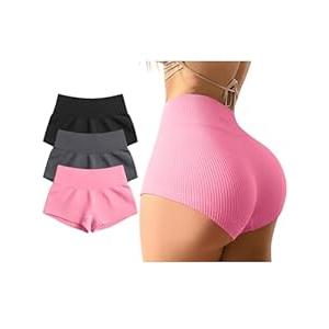 OQQ Women 3 Piece Yoga Shorts Sexy High Waist Booty Stretch Workout Exercise Hot Shorts Black Darkgrey Candypink