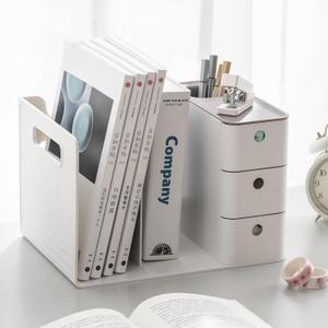 White Plastic Desktop Organizer with File slots,3-tier Drawers with Pen Holder,Book Stand for Office Supplies and Desk Accessories (White+Grey)