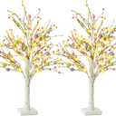 Ethlomoer Easter Decorations, 2 Pcs 25 Inch Pre-Lit Easter Egg Tree with Timer, Battery Powered Easter Birch Tree with 24 LED Lights, Easter Trees for Home Party Wedding Holiday Spring Decoration