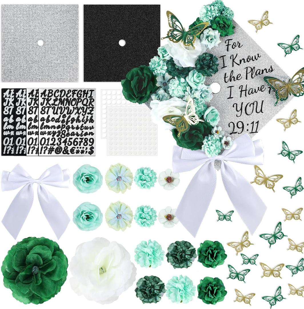 Naozinebi 55 Pcs Green DIY Graduation Cap Decorations Faux Assorted Flowers Green Bows 3D Butterfly Stickers Glitter Alphabet Letter Number Decals for DIY Hat Grad Cap Topper Graduation Party Supplies