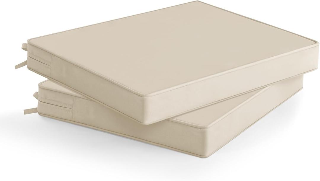 Outdoor Chair Cushions Set of 2: Waterproof & Fade Resistant Deep Seat Cushion for Patio Furniture - 24 x 24 x 3 Inch Chair Pads with Ties and Hidden Zipper - Patio Chair Cushion Replacement, Beige