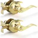 EHOMEWARE 2 Pack Polished Brass Door Knobs Interior, Gold Privacy Door Handles Locksets for Bedroom Bathroom, Reversible Door Handles for Right or Left Handed Doors