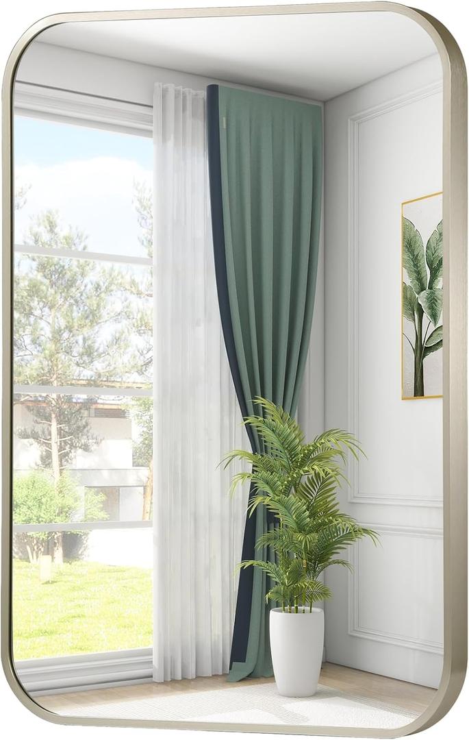 24x36 Inch Brushed Nickel Bathroom Mirror, Framed Rectangle Mirror with Rounded Corner, Brushed Mirror, Silver Bathroom Mirror for Over Sink, Vanity, Living Room, Bedroom, Horizontal/Vertical