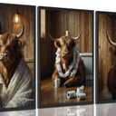 3pcs Funny Highland Cow Bathroom Wall Art Animal Bathroom Wall Decor Brown Cattle Picture Rustic Farmhouse Style Posters Prints Cow in Toilet Decorations for Restroom Home Decoration