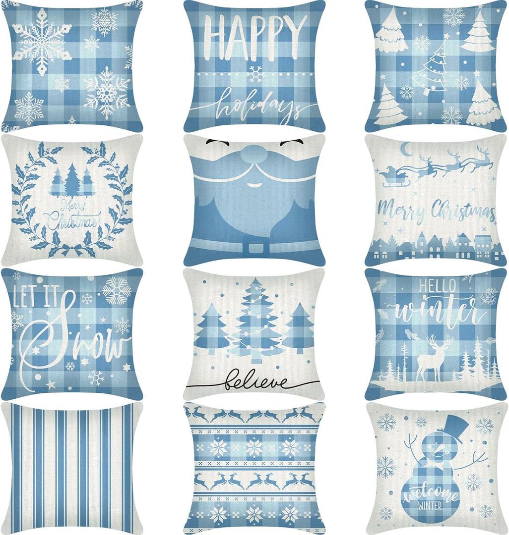 Huwena 12 pcs Christmas Pillow Covers 18x18 Inch Holiday Tree Snowflake Decor Christmas Couch Throw Pillow Cases for Sofa Living Room Home Farmhouse Decor (Blue)