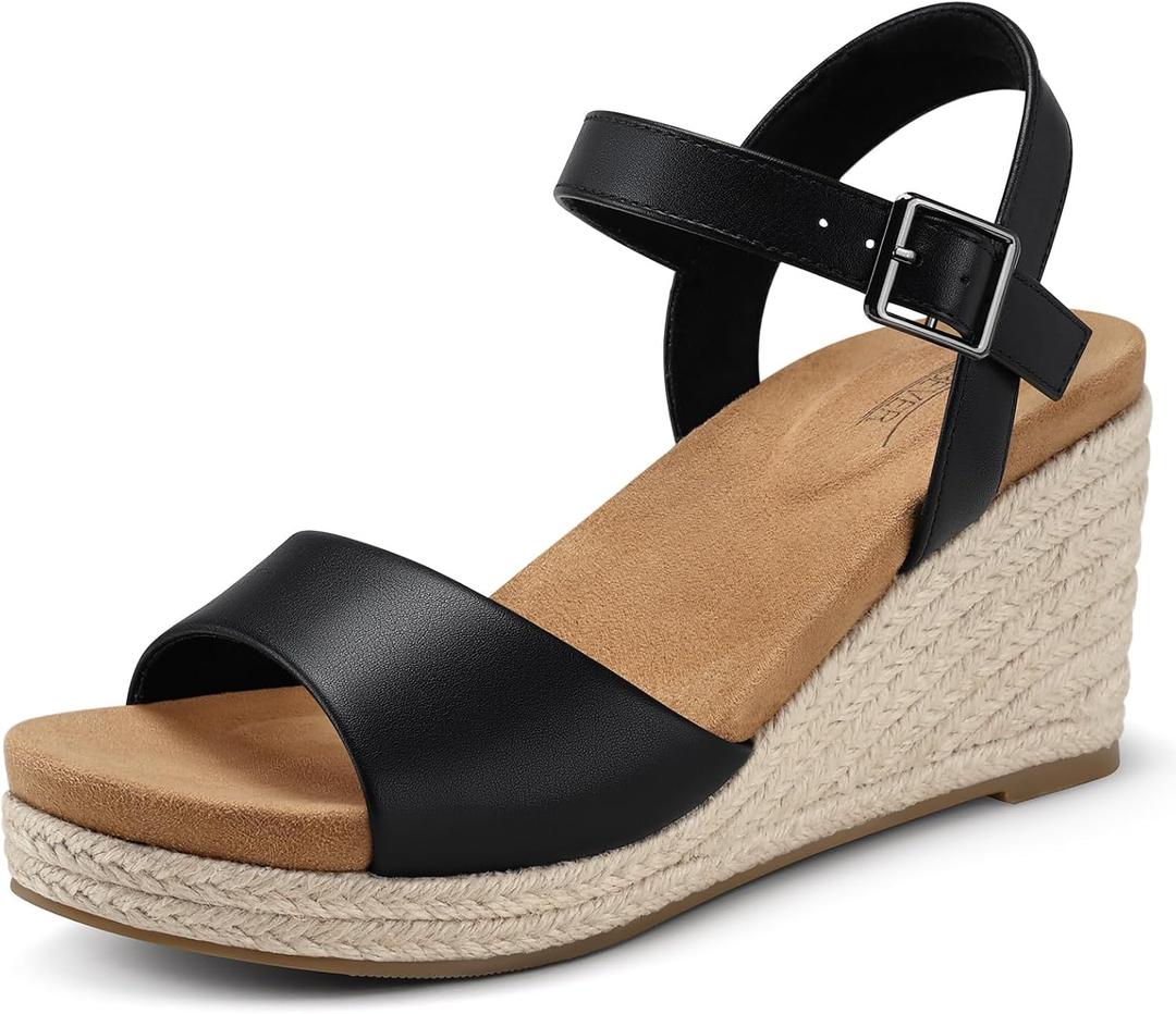 SHIBEVER Women's Wedge Platform Sandals: Espadrille Dressy Comfortable Summer Open Toe Ankle Strap Buckle Women Sandal (7, Black)