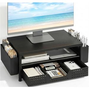 Desk Organizer and Accessories, 2-Tier Computer Monitor Stand Rise with Storage Drawer & 2 Pen Holders, Laptop & Printer Stand for Desktop, Workspace Organizers for Office Supplies (Black Wood)