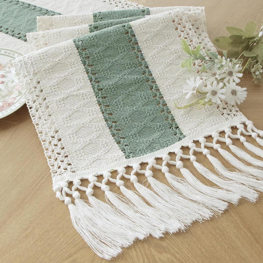 FEXIA Sage Green Table Runner 72 Inches Long with Tassels Boho Macrame Farmhouse Table Runners for Home Decor Party Bohemian Rustic Bridal Shower Dining Decorations(12x72 Inches)