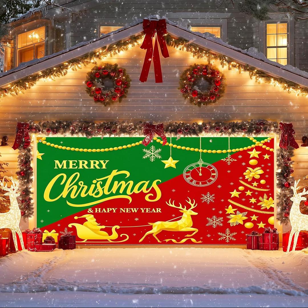 3 x IVN Christmas Garage Door Cover Decoration 13x6ft Snowy Night Trees with Green Red Sleigh Scene Deer Merry Christmas Garage Door Banner Home Door Front Yard Decor for Xmas Eve Holiday Outdoor
