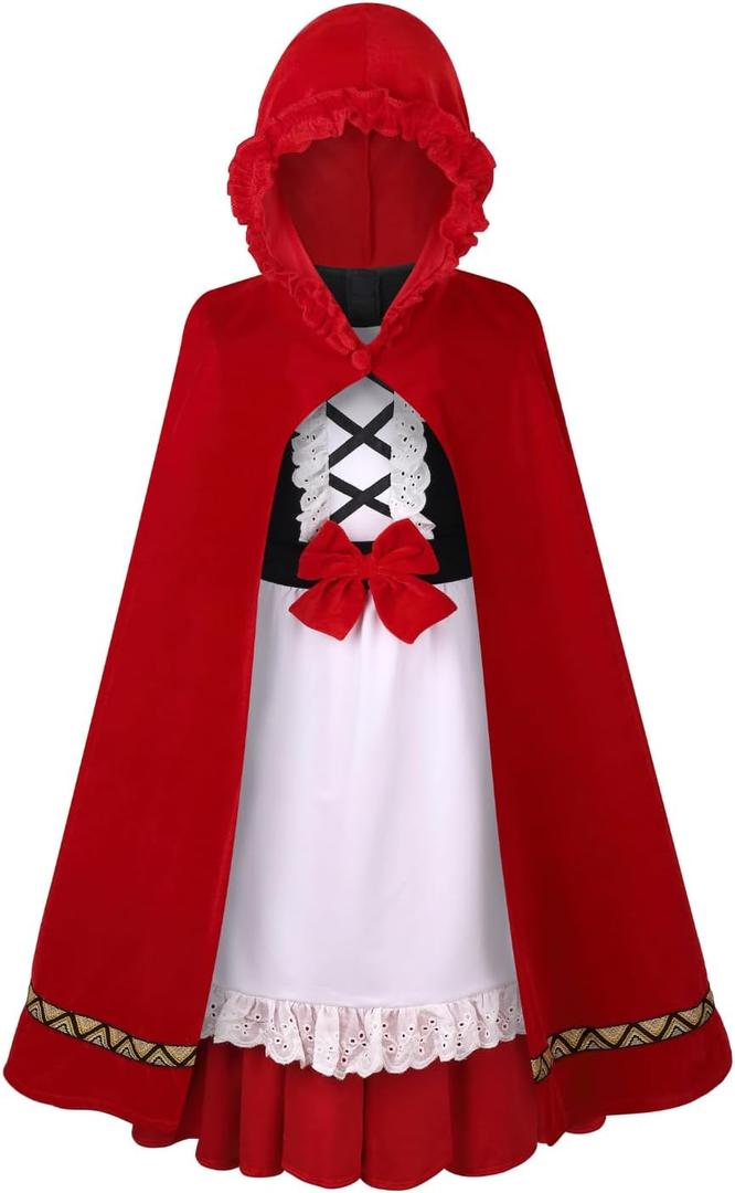TOONRAIN Little Red Riding Hood Costume Kids Fairytale Dress with Cloak Pron Book Character Halloween Christmas for Girls (Red) 7-9Y