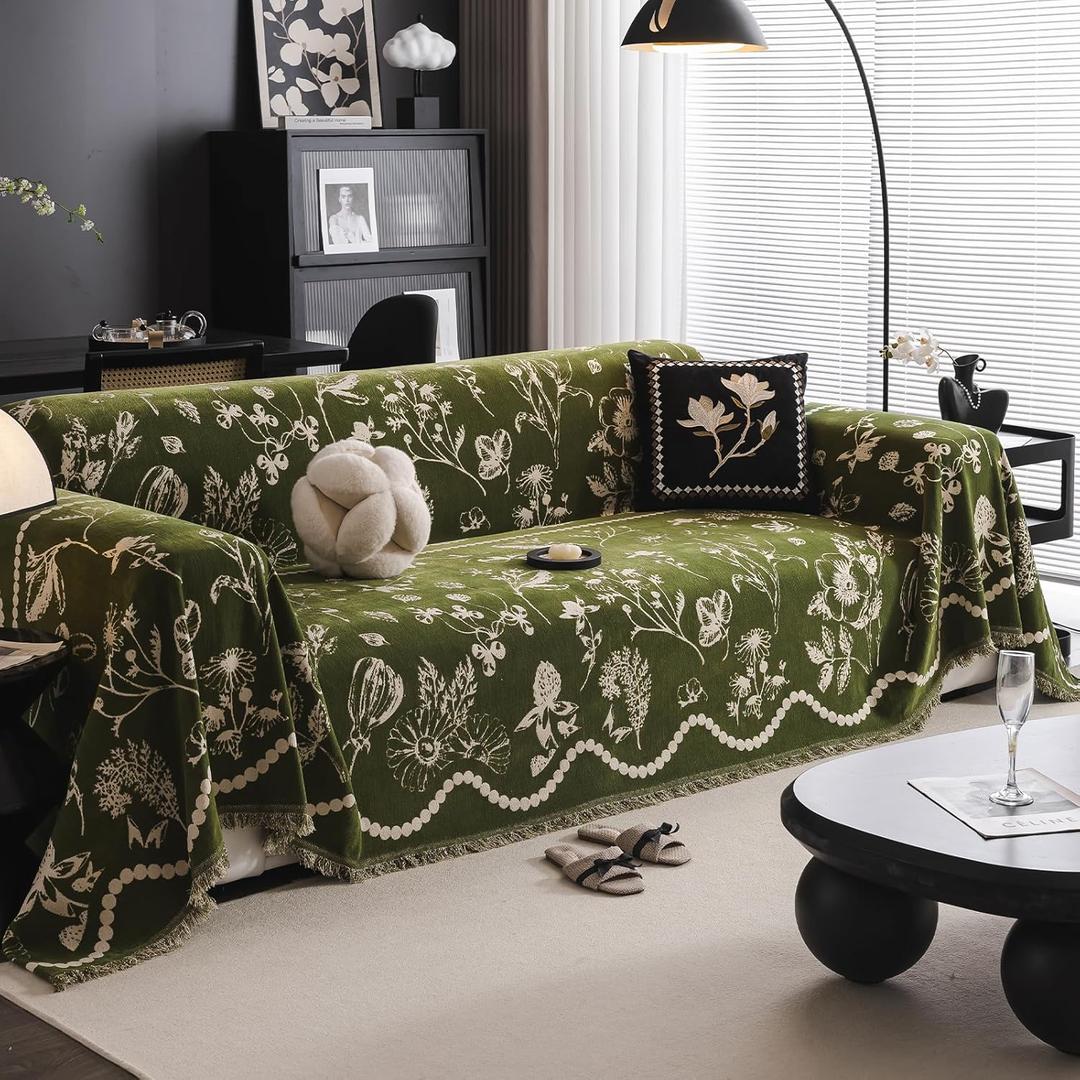 DREAMINGO Green Floral Couch Cover Farmhouse Botanical Jacquard Sofa Covers for 3 Cushion Couch Cozy Chenille Living Room Furniture Futon Sectional Sofa Slipcovers Washable, X-Large 71"x134"