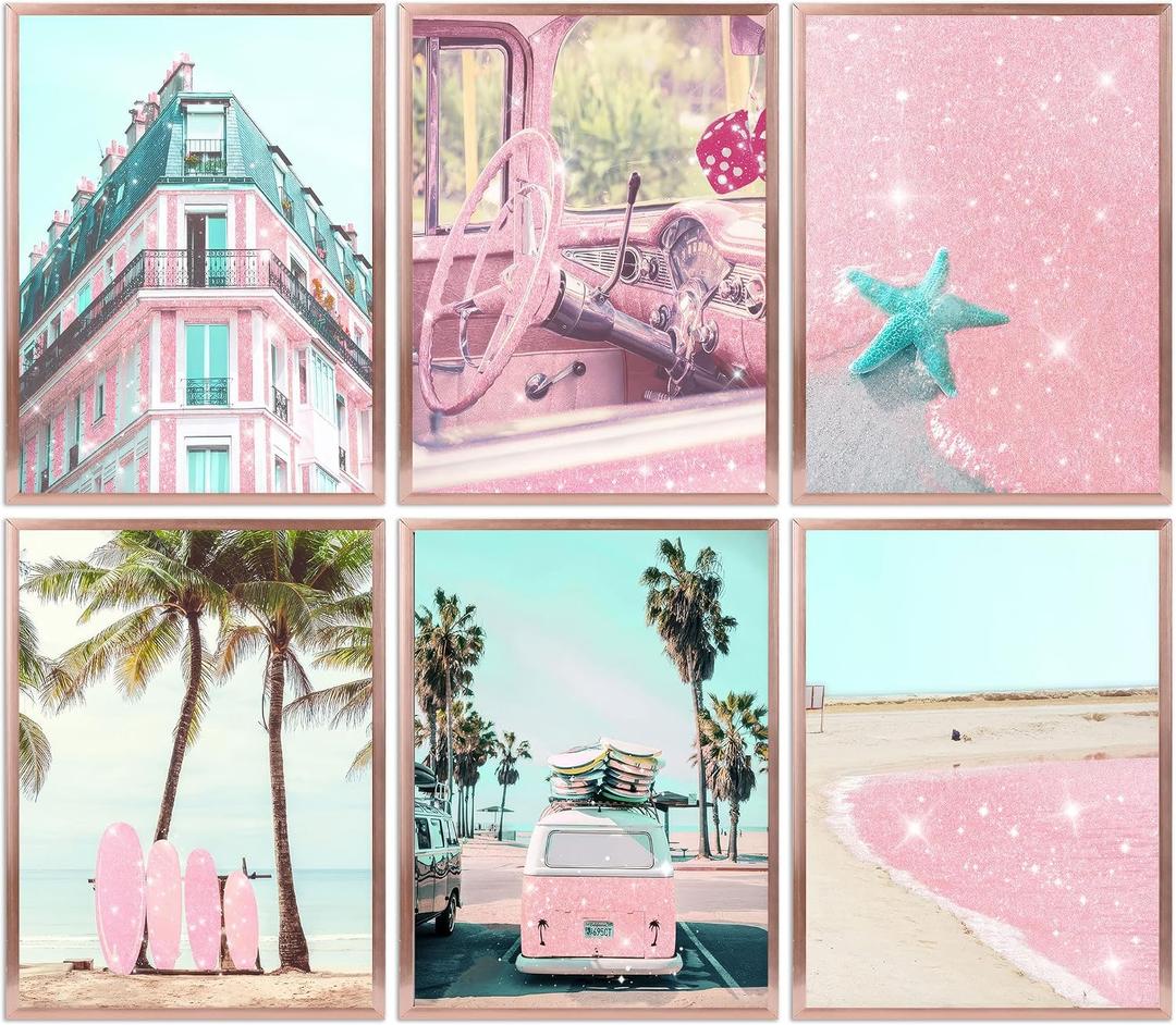 6Pcs pink Coastal Canvas Wall Art Fashion pink Beach Surfboard Wall Decor Pictures Beach Car Coconut Tree Summer Posters Prints for Sea View Room Living Room Bedroom Artwork Home Decoration Unframed