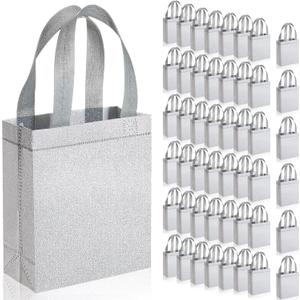 Woanger 48 Pack Glitter Gift Bags with Handle Reusable Goodie Bags Non Woven Glitter Bling Tote for Wedding Birthday Bridal Shower Holiday Party(6.5 x 3.1 x 7.8 Inch,Silver)