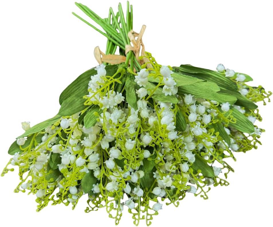 4 Forks Lily of The Valley Artificial Flowers Bouquet,Plastic Flowers for Outdoors,Fake Flowers with Stem,Home Wedding Party Garden Wreath Table Center Pieces Decor (24, White)