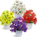 LOYWREE 4 Pack Small Artificial Pansy Flowers Fake Plants in White Pots, Mini Potted Floral Spring Decorations for Home Bathroom Shelves Office Desk Table Centerpiece Indoor Decor